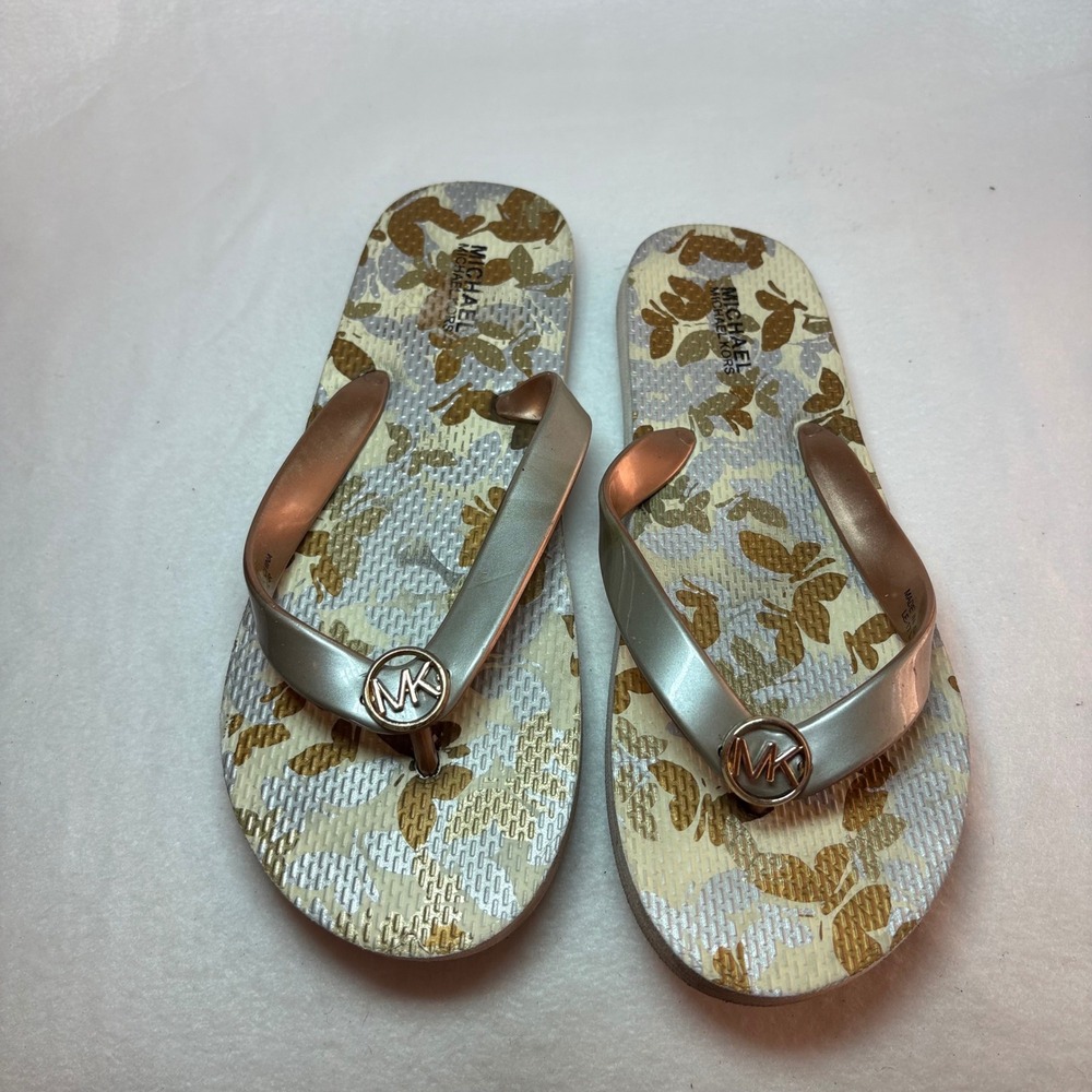 Michael Kors Womens Butterfly Floral Flip Flop Sandals Gold Metallic MK Logo